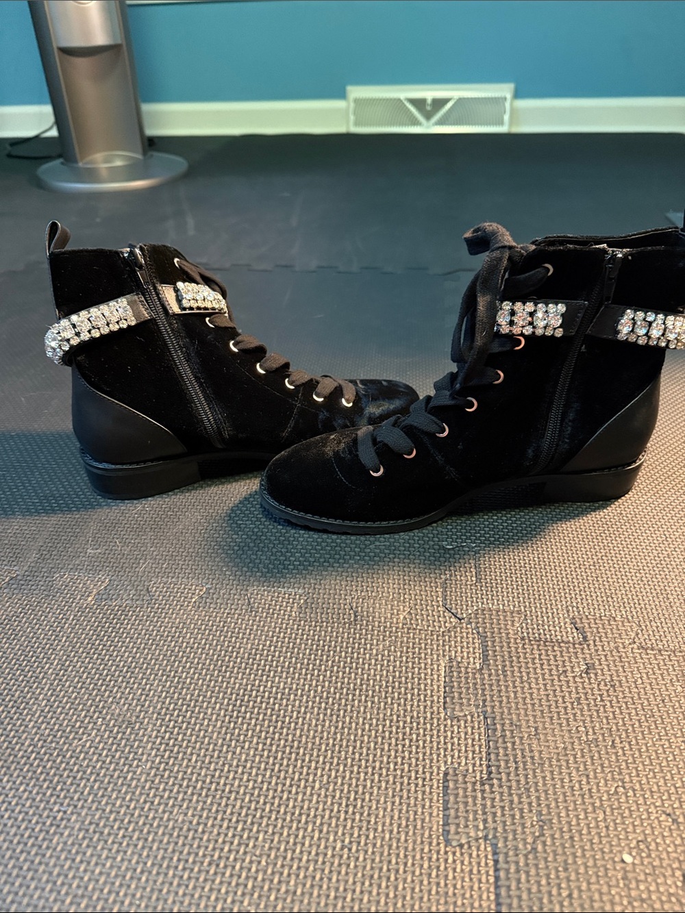White House Black Market Black Velvet Lace-Up Ankle Boots with Crystal Strap - Picture 3 of 6